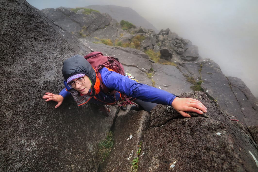 Anna Taylor in Classic Rock action on Sron na Ciche on Skye - photo credit Neil Gresham